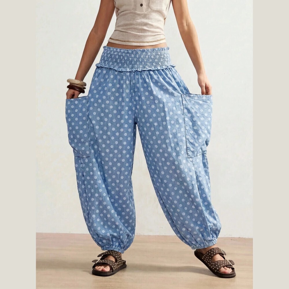 Blue Polka Dot Chambray Denim Smocked Waist Harem Pants